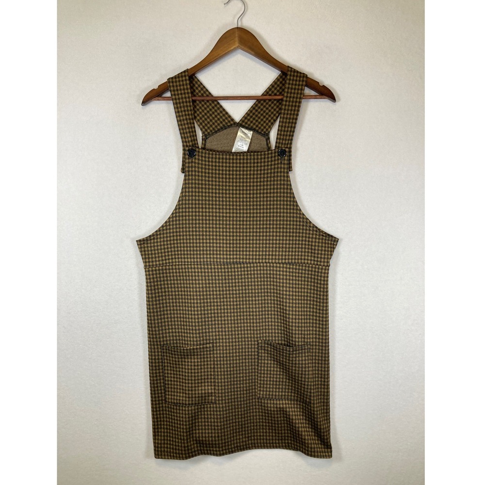 Dark Academia Rachel Women XL Brown Gingham Check Pinafore Jumper Overall Dress